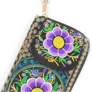 NEW Embroidered Floral Women's Wallet with Cellphone Pocket - Black and Purple